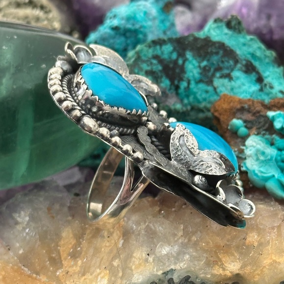 Sleeping beauty turquoise dragonfly statement sterling silver ring - Picture 3 of 15
